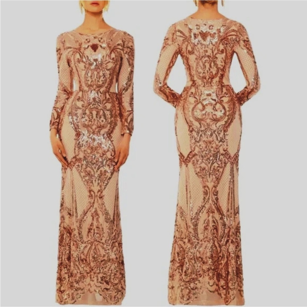 Betsy & Adam elegant vintage glamour long sleeve Sequined Gown in Champagne, 8 - Picture 2 of 12